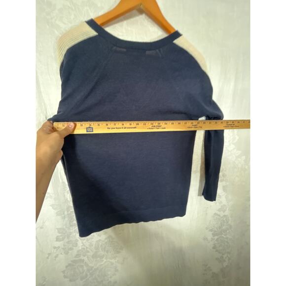 Banana Republic Sweater Medium Navy Blue Extra Fine Merino Wool Cream Rib Stripe - Picture 6 of 7